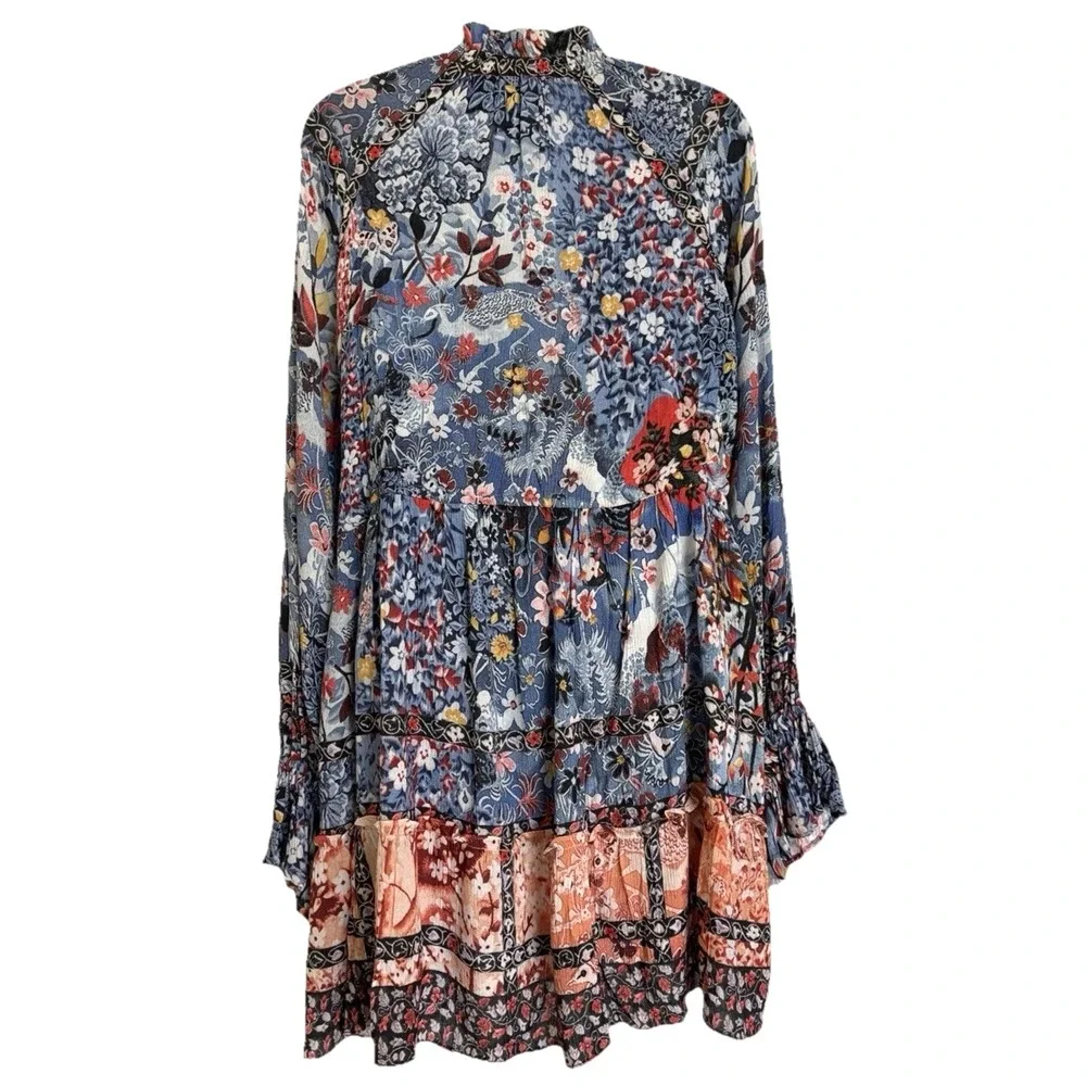 NEW Hemant & Nandita Blue Floral Mini Dress Boho Bohemian Peasant Long Sleeve M - Picture 8 of 15